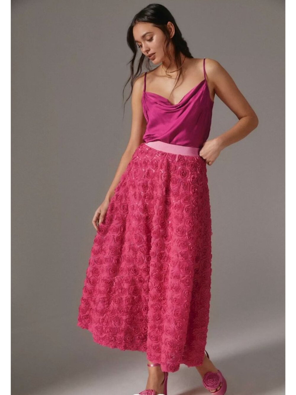 Maeve Anthropologie Women's Maxi Skirt M Pink Floral Applique Coquette Boho NEW